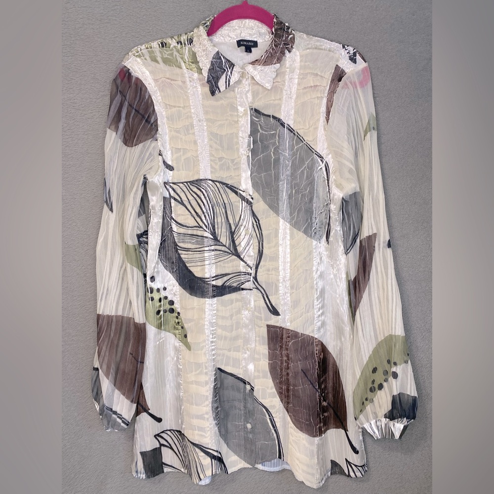 Komarov Printed Charmeuse Floral Blouse Women’s Size Large Long Sleeve Sheer